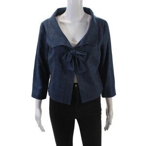 Shannon Mclean Womens Single Button Collared Knit Cropped Jacket Blue Medium